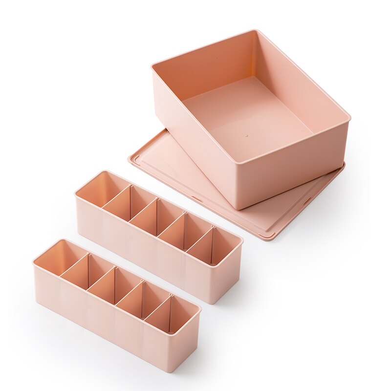 Adjustable Drawer Makeup Organizer Cabinet Organiser Plastic Dividers For Drawers Clothes Organizers Tray For Cosmetic: 5Grid And Box-Pink