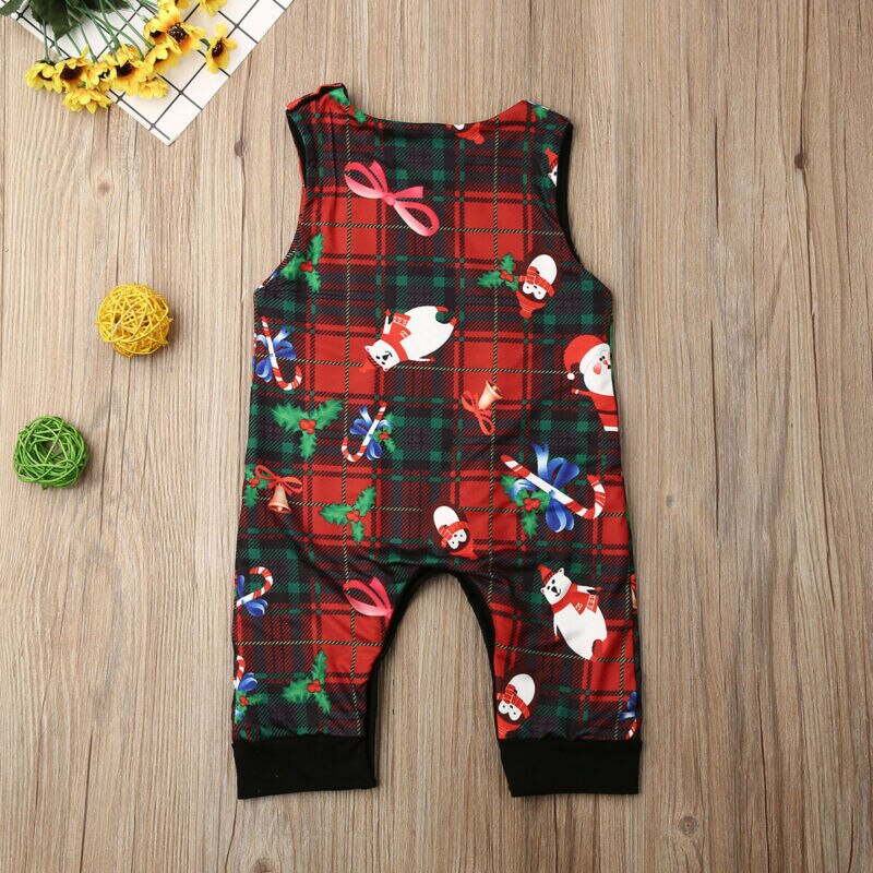 Xmas Toddler Baby Boys Girls Christmas Romper Sleeveless Cotton Plaid Jumpsuits Outfit Clothes