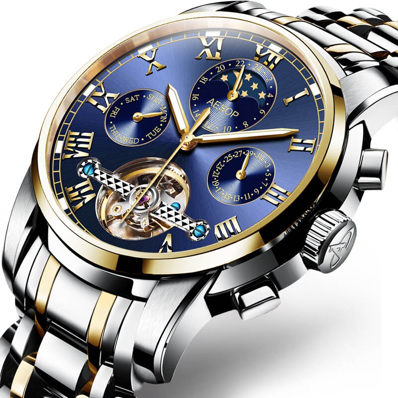 Aesop Automatische Mechanische Horloge Mannen Luxe Heren Horloges Polshorloge Waterdichte Skeleton Mannelijke Klok Mannen Relogio Masculino: Blue gold silver B