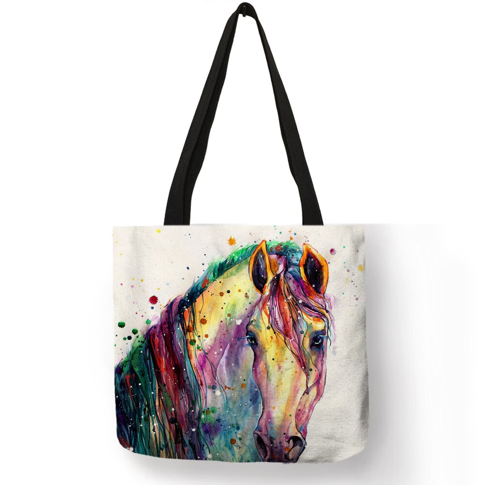 Aquarel Paard Print Linnen Shopping Bag Tote Folding Herbruikbare Reizen School Schoudertassen Casual Handtassen Voor Vrouwen: 001