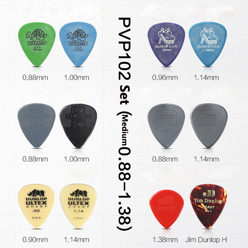 12 stk/sæt originale dunlop akustiske guitar picks plectrum nylon celluloid elektrisk glat guitar pick tilbehør: Pvp 102(0.88-1.38mm)