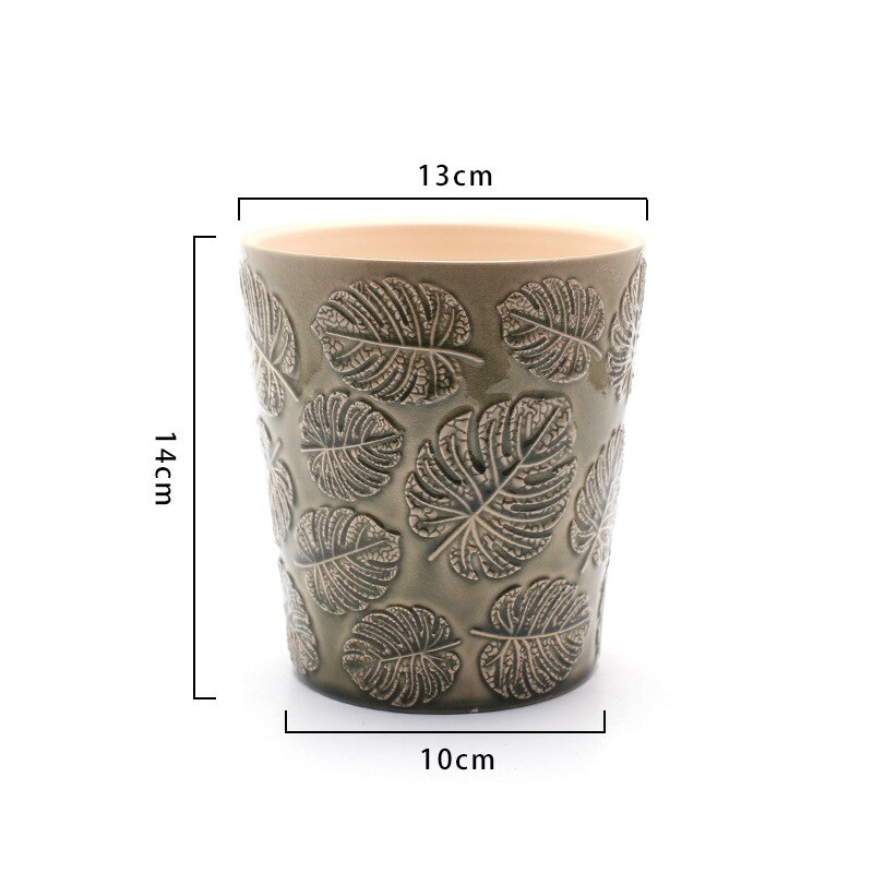 Japanese Style Ceramic Flower Pot Leaf Pattern Vase Dandelion Pattern Vase Simple Style Home Desktop Decor Garden Decoration: Leaves gray