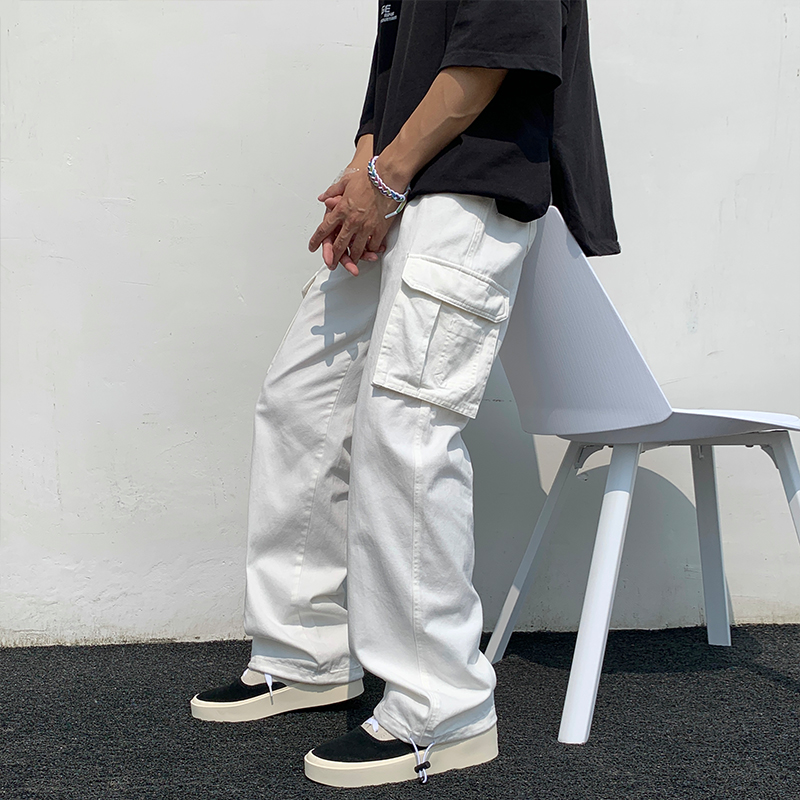 Black/white Casual Pants Men&#39;s Loose Straight Wide Leg Pants Men Streetwear Hip-hop Pocket Cargo Pants Mens Trousers