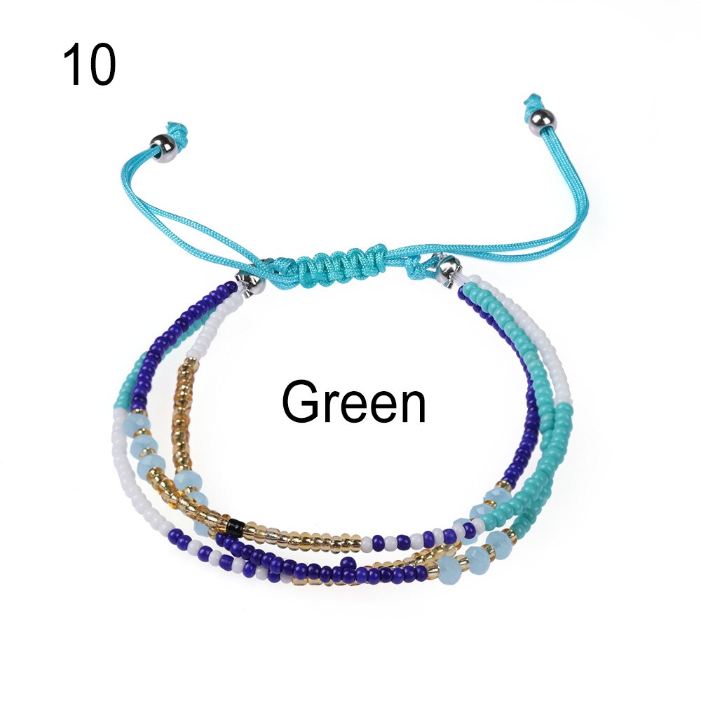 Multi-capa bohemio tejido a mano colorido tejido redondo con cuentas pulsera Retro arroz ajustable cuerda Ethnic Bracele: 10 Green