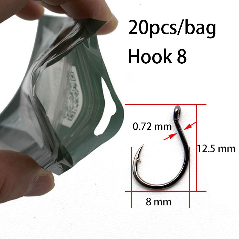 Anzuelo de carpa para pesca, acero al carbono con púas de anzuelo de pesca, aparejos para el pelo Chod, 20 Uds.: 20PCS-Size 8
