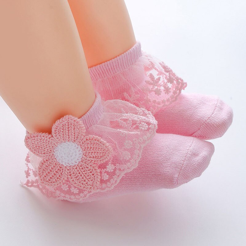 Lace Ruffle Newborn Baby Socks Spring Autumn Princess Flower Baby Girls Socks Soft Cotton Infant Short Socks 0-6M: pink