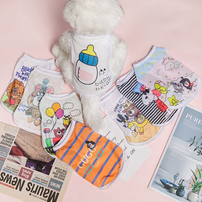 Ropa de verano de seda de hielo para mascotas, chaleco transpirable con estampado de dibujos animados de animales, para gatos, Yorkshire, cachorro