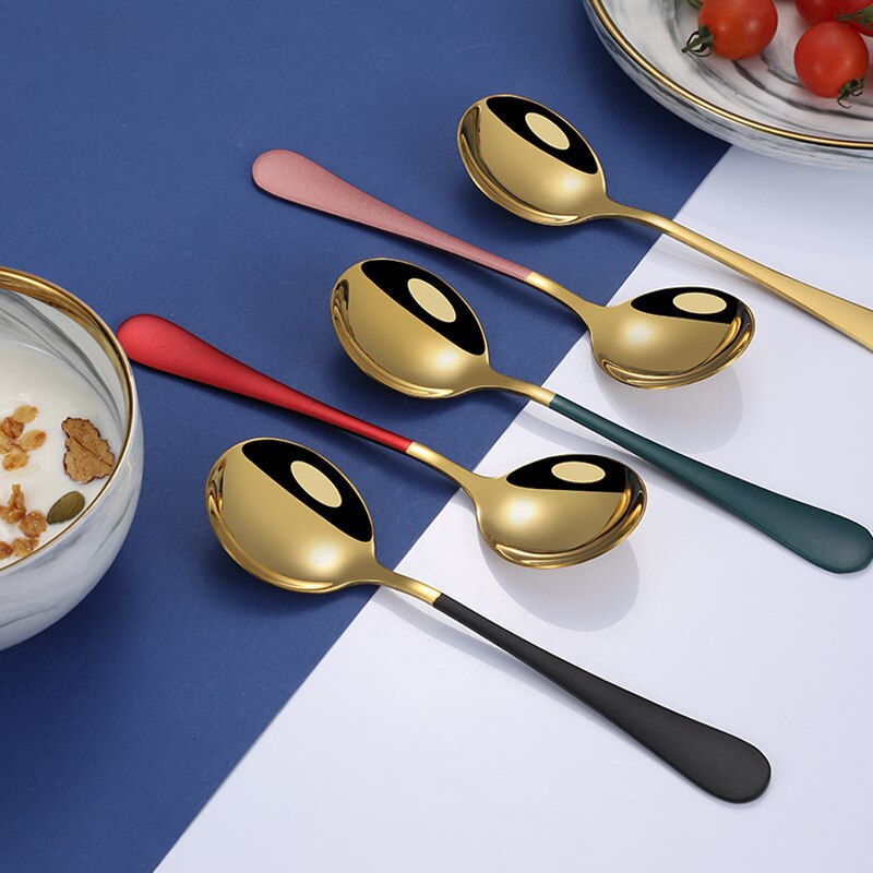 10 Colors 1pcs Coffee Spoons Stainless Steel Dessert Spoons Kitchen Utensils Round Spoons