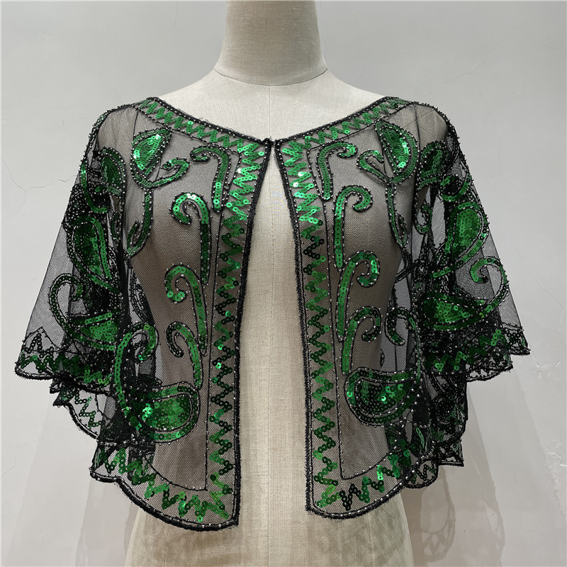 Chal de los años 20 para mujer, capa de noche decorativa con lentejuelas y cuentas, Bolero, Flapper, vestido de novia europeo y americano, chal en el escenario: Verde
