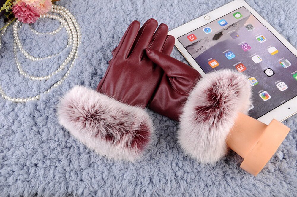 Warm Gloves Lady Luxury Fur Gloves Winter Leather Full Finger Warm Glove Driving Outdoor Glove Women Black Mitten #L20