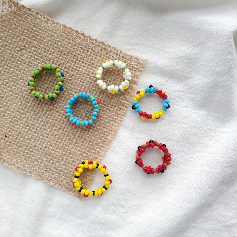 Aomu 1Pc Korea Mode Handgemaakte Kralen Bloem Geometrische Ronde Ringen Voor Vrouwen Lente Kleurrijke Kralen Ringen Sieraden