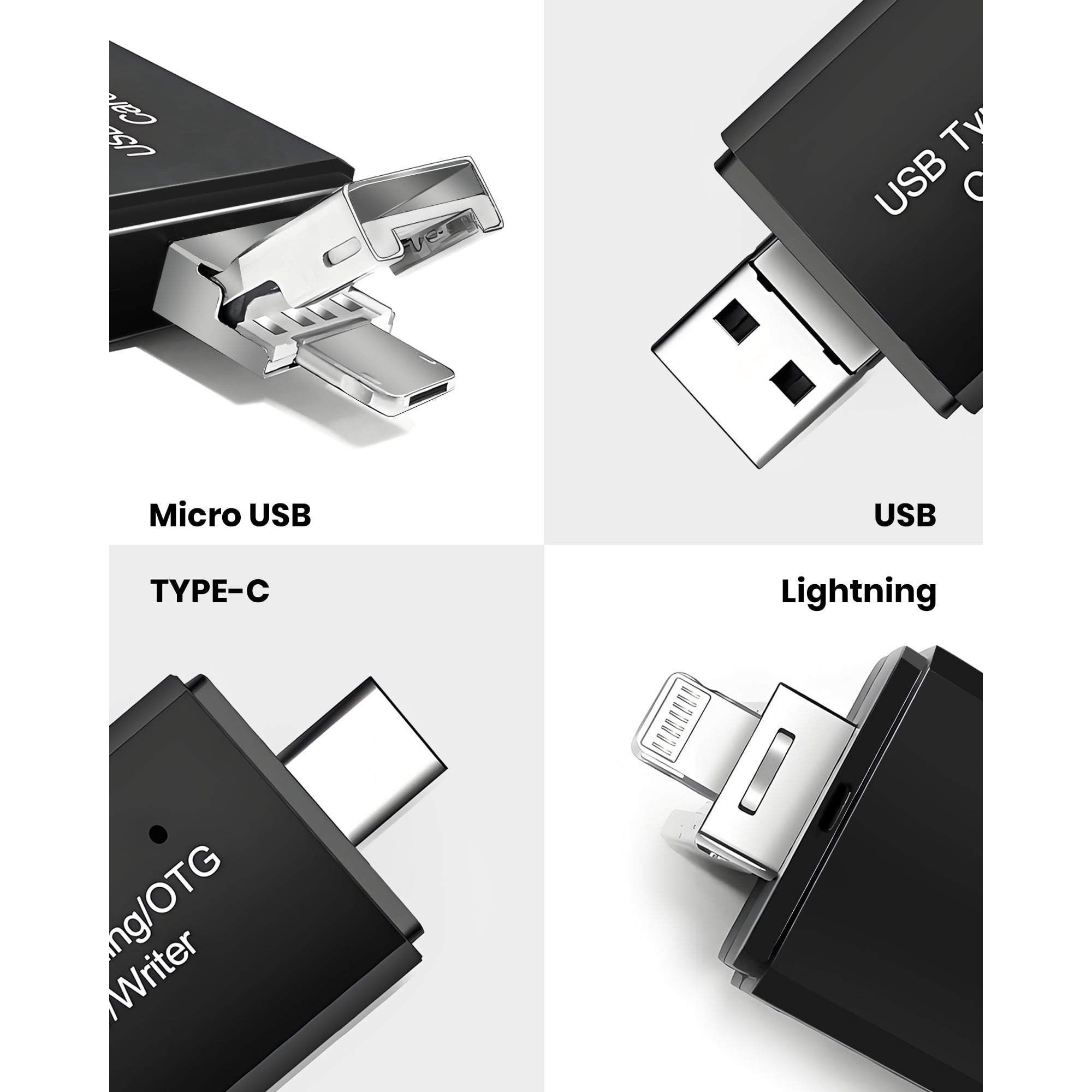 Sd-kortläsare för iphone ipad pc , 4- -i- -1 minneskortadapter med lightning/usb c/usb/micro usb, stöder sd/tf-kort