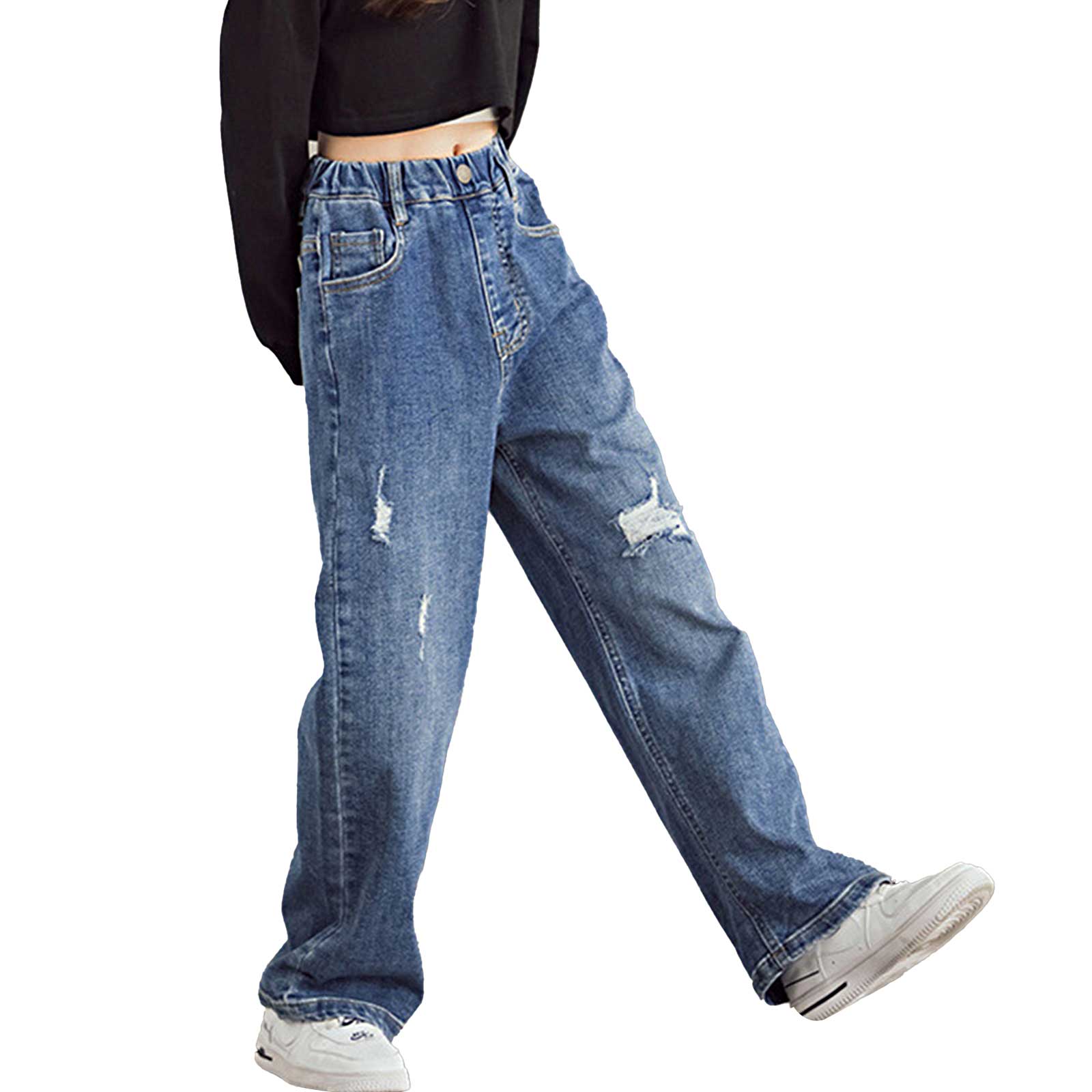 Pantalones vaqueros de para niños y niñas, Jeans de pierna ancha con cintura elástica lavada, pantalones de Jean informales, pantalones holgados de 5 a 14 años