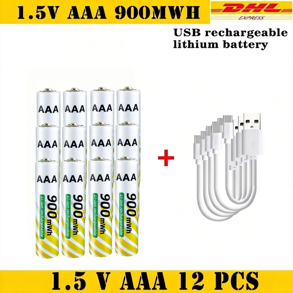 1.5V AA 3400mWh + AAA 900mWh Rechargeable Lithium Battery Set with USB-C Fast Charging Type C Cable air transport: MULTI