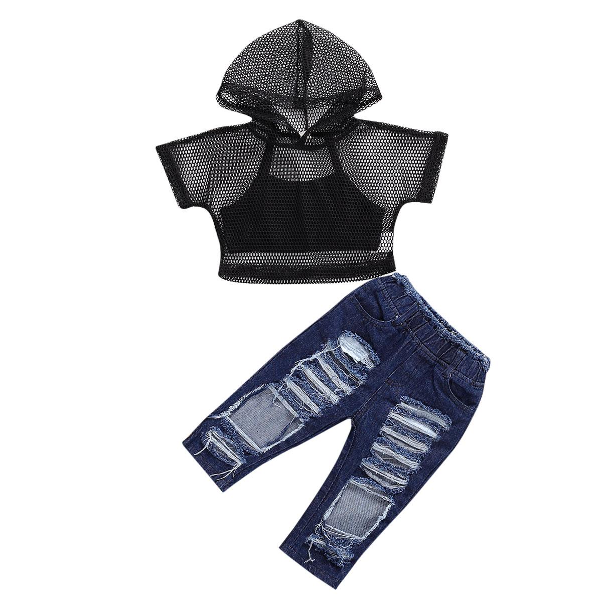 Spädbarn barn 3 st uppsättningar fisknät huva grödor väst toppar slitna hål jeans byxor ytterkläder barn sommarkläder