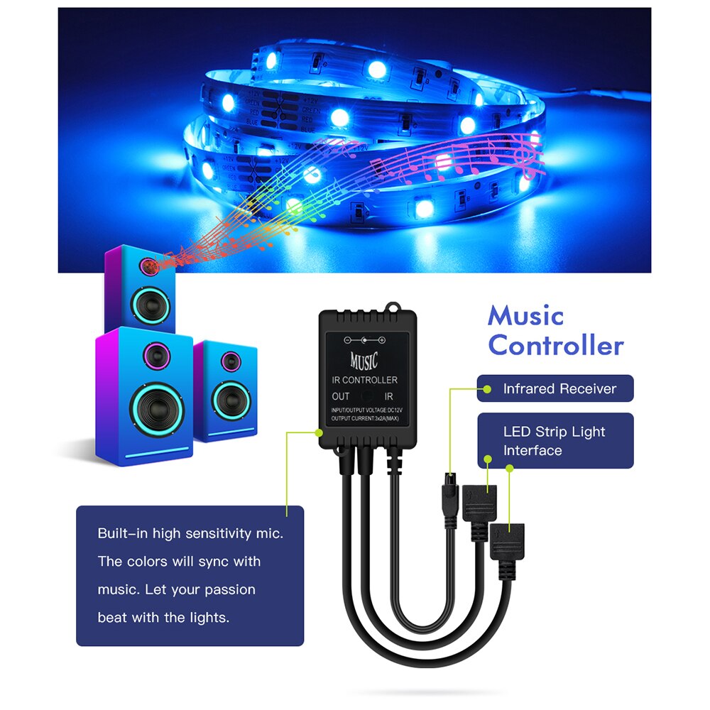 Contrôleur de musique à LED infrarouge, 44 touches, télécommande IR, capteur de son, 2 voies pour 5050 3528 5630 RGB bande lumineuse