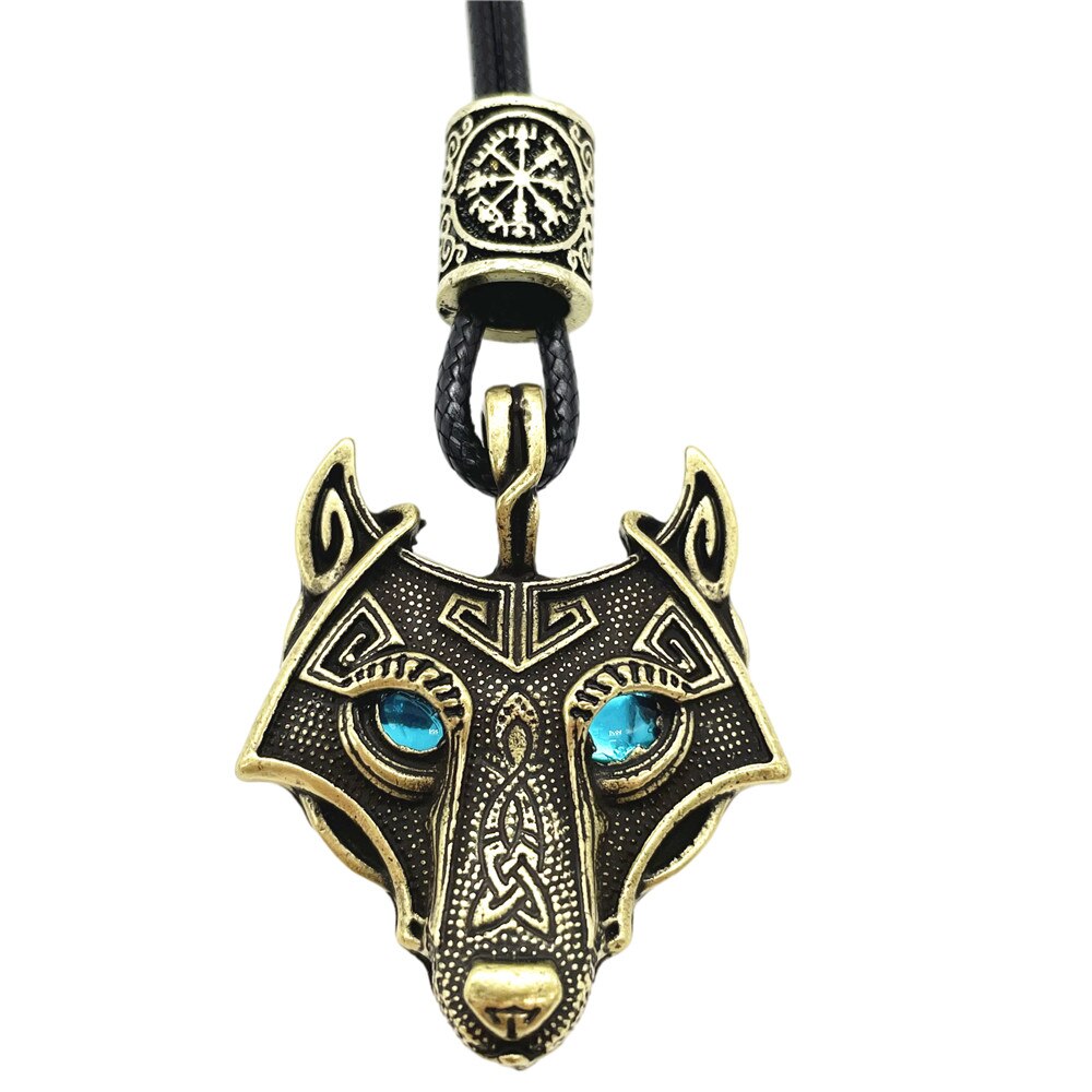 Wolf Hoofd Amulet Hanger Met Water Blauwe Ogen Noorse Runen Kralen Viking Ketting Pagan Talisman Jewlery Leveranciers: Vegvisir Bronze