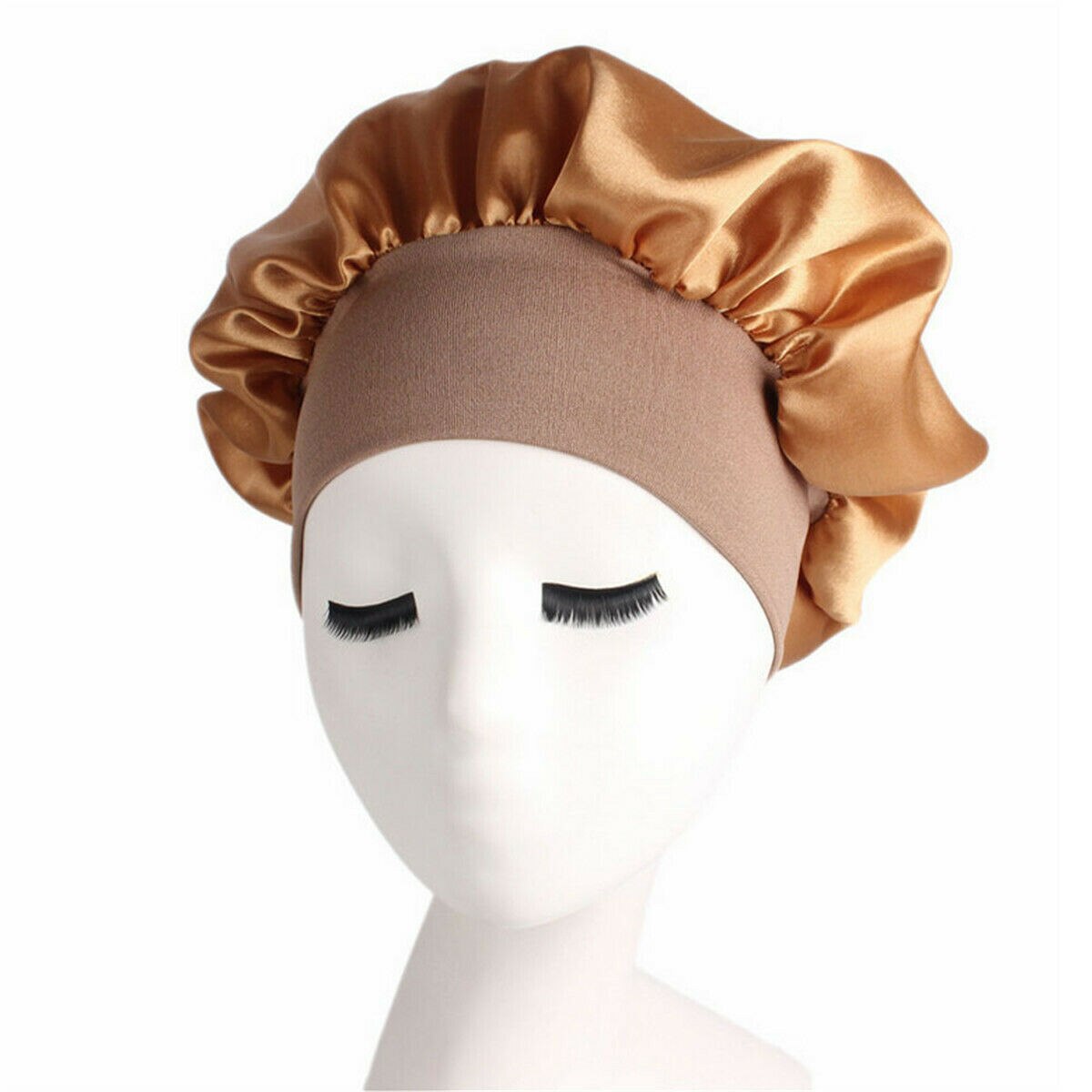 Silk Satin Night Sleep Cap Hair Bonnet Hat Head Cover Wide Band Adjust Elastic Hats For Household Fashionable Pure Supplies: Gold