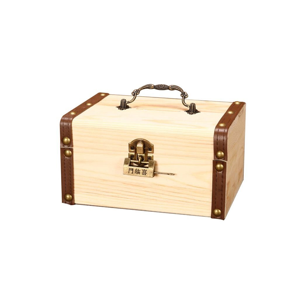 Household Small Safe Deposit Box Child Little Girl Wooden Piggy Bank Retro Desktop Storage Box: L pine wood
