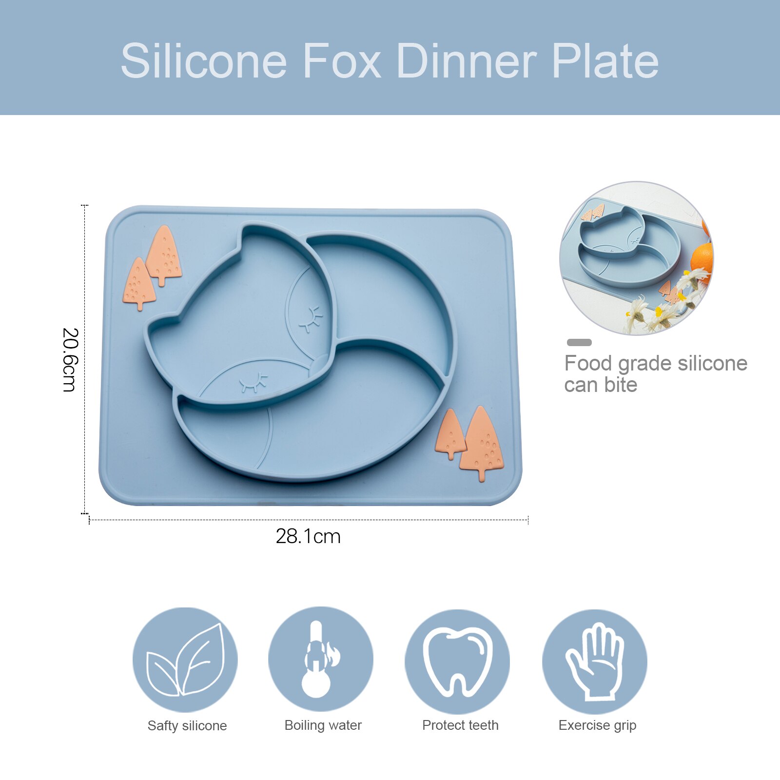 Assiette à manger en Silicone pour bébé, alimentaire, mignon renard, ventouse, vaisselle, bol d&#39;alimentation supplémentaire pour enfants, plats souples, 100%