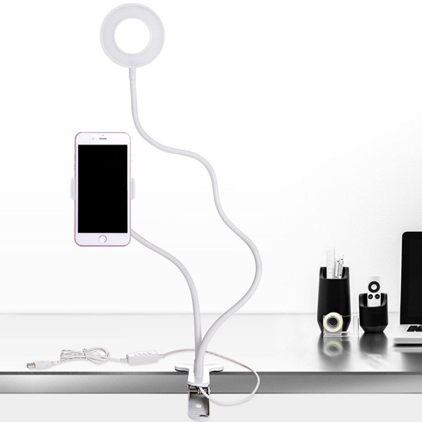 Led Video Fotografie Selfie Ring Licht Dimbare Licht Clip Desktop Licht Verlichting Met Telefoon Houder Usb Ring Lamp Make Selfie: White