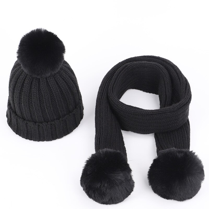 Efterår og vinter varme børns strikkede hat tørklæde sæt all-match pels kugle baby tyk uld hat tørklæde: Sort