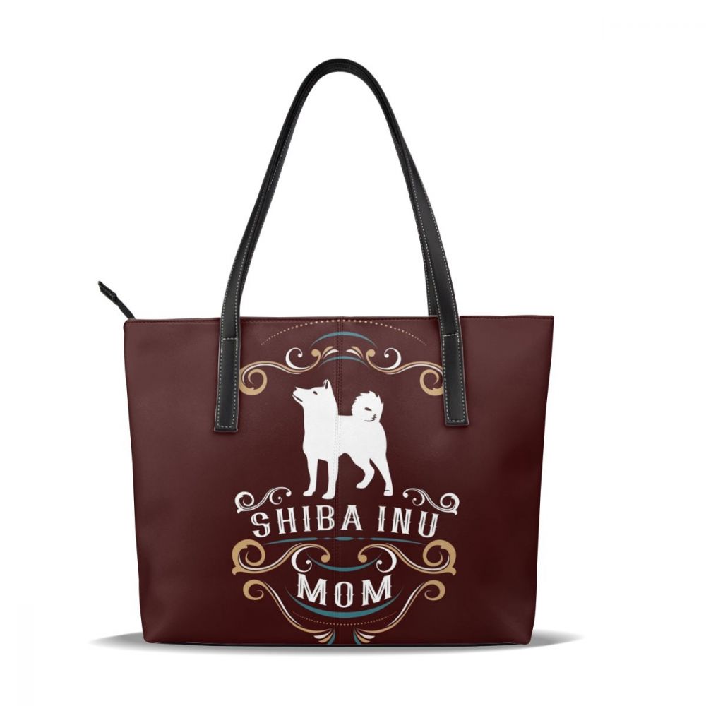 Shiba Inu Tote Taske - Cartoon Mønster - Kunstlæder - Lynlås Lukning - Alsidig Kvinder Håndtaske: Shiba Inu Mom