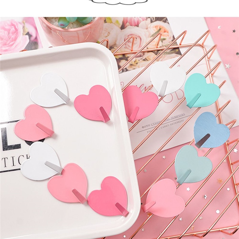 Gancho de Metal en forma de corazón para pegar en la pared, gancho adhesivo fuerte para cocina, sin rastro, para pegar en la puerta,