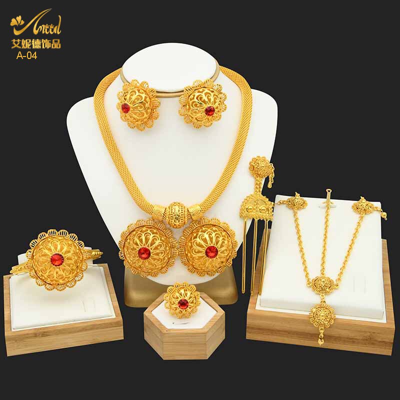 ANIID Dubai Ethiopian Flower Gold Plated 6pcs Jewelry Sets For Women Nigerian Luxury Necklace Jewellery Set Wedding Party: A-04-Gold