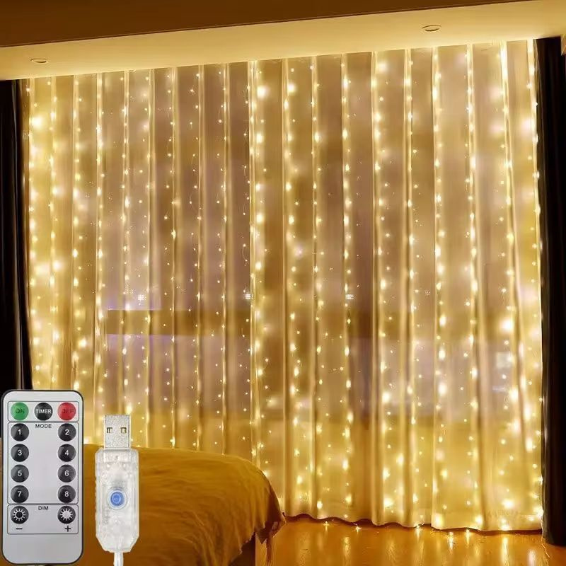 Guirnalda de luces LED para cortina, decoración navideña interior alimentada por USB con Control remoto, luz navideña, luces de para dormitorio y boda: Azul / O