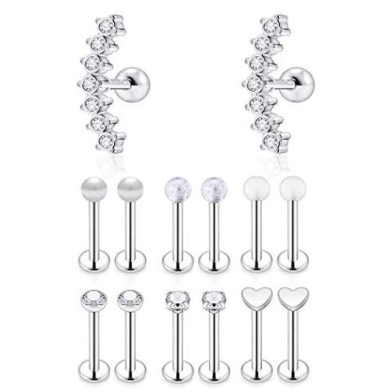 7 pares de pendientes de cartílago de oreja de plata de acero inoxidable para mujeres niñas Tragus Helix pendientes tachuelas lindo Conch Piercing trasero plano