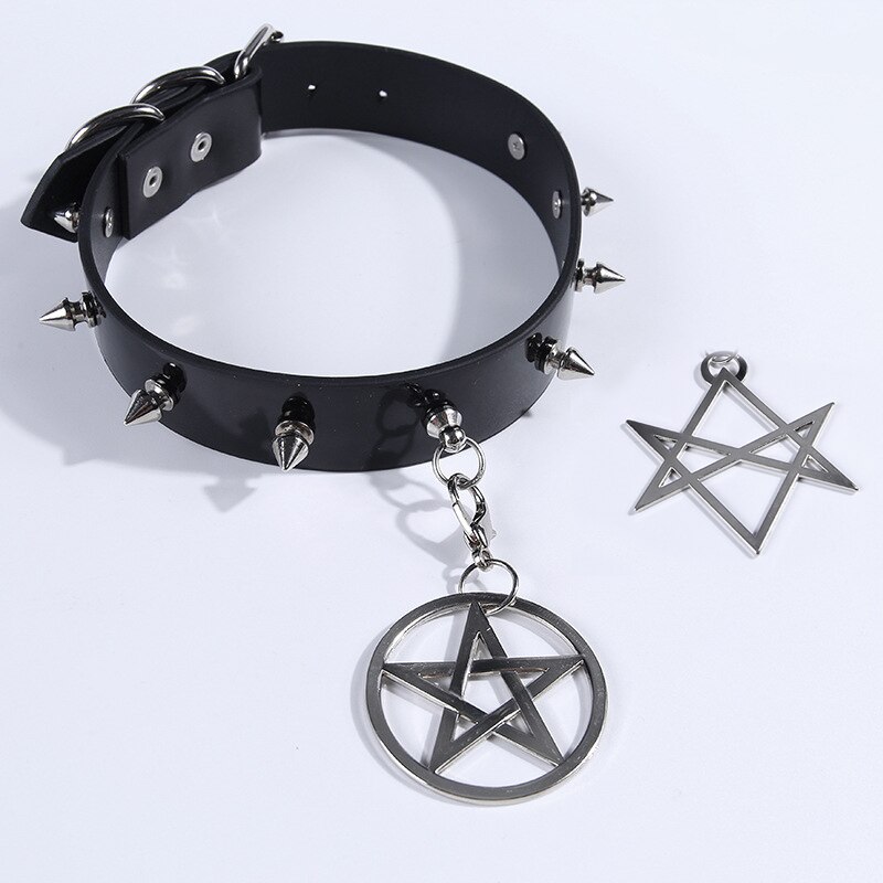 2 Pendants Gothic Choker Women Vintage Pentagram Hexagram Punk Goth Rivet Pu Leather Collar Choker Necklace: Default Title