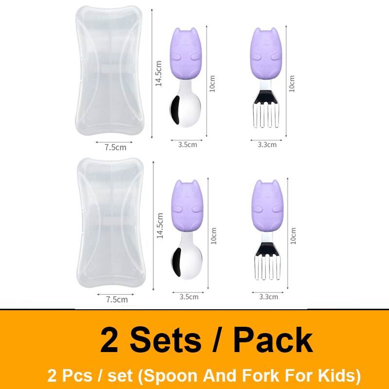Spoon And Fork For Kids Children's Cutlery Set Cute Cartoon Metal spoons And Forks Stainless Steel Eco Friendly Kids Tableware: Purple 2 sets