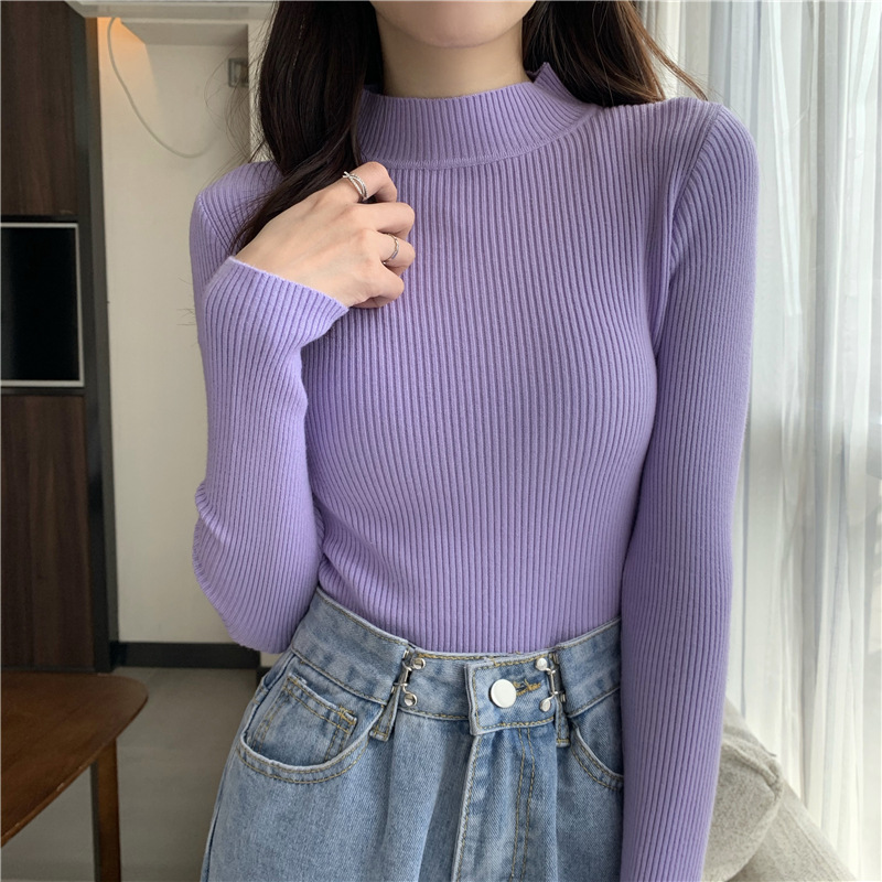 Zjaiss 2025 Herfst Basic Dieptepunt Trui Top Vrouwen Geribbelde Zachte Mock Hals Elastische Trui Warme Effen Kleur Slanke Jumper: Violet