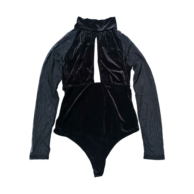 Women&#39;s Black Hollow out Turtleneck Velour Long Sleeve Thong Open Crotch Bodysuit, Underwear Lingeries SLA076: L