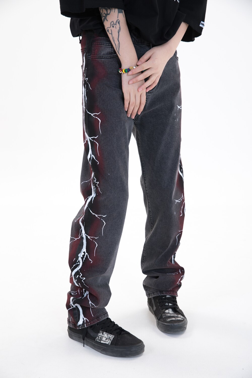 Tidesmec-pantalones vaqueros con estampado de rayos para hombre, ropa informal estilo Hip Hop, holgada,