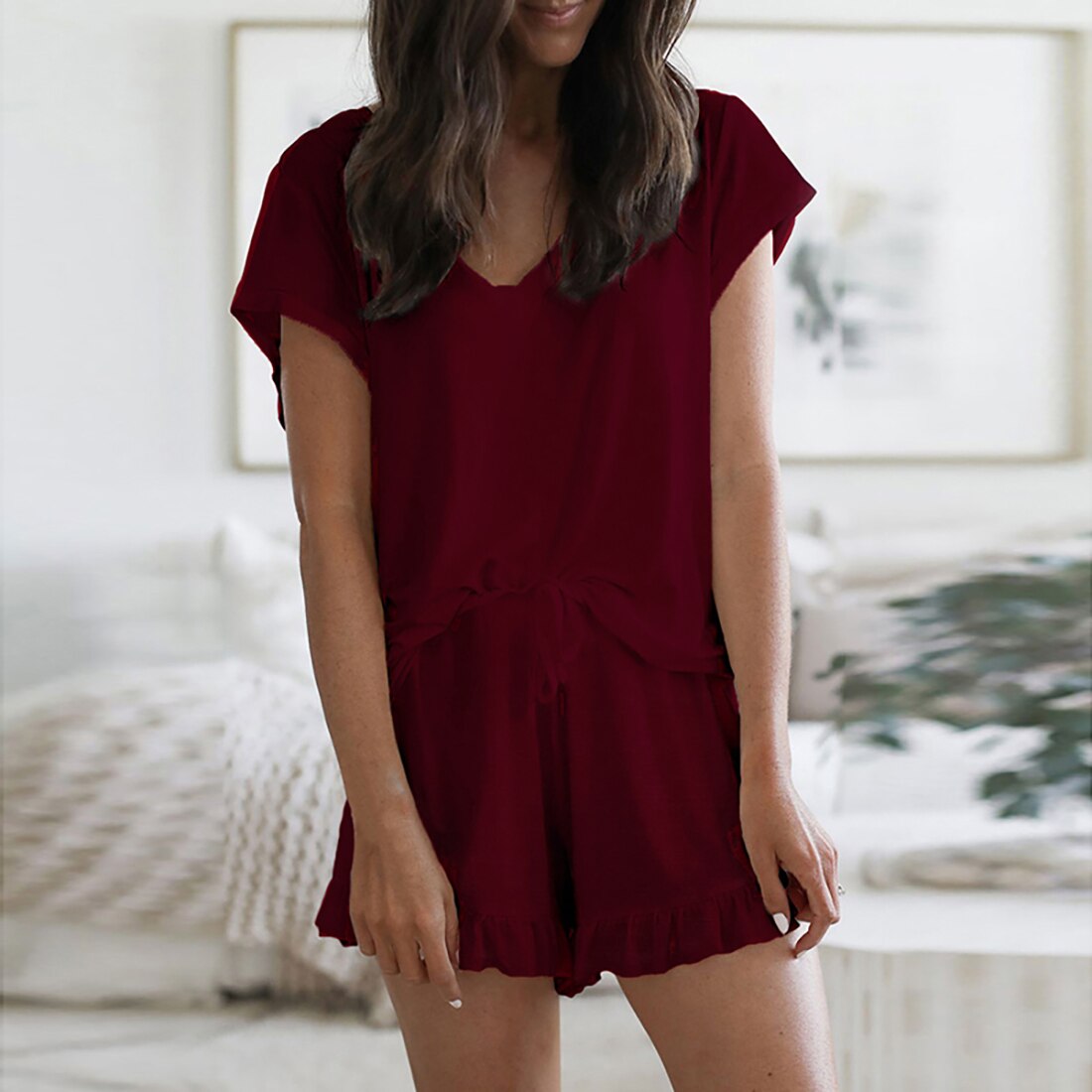Vrouwen Ruche Korte Pyjama Set Korte Effen Kleur Nachtkleding Zomer Nachtkleding Mouwen Tops Shorts Set Plus Size: wine red / XL