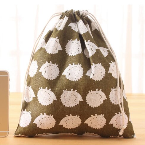 Handmade Cotton Linen Women Drawstring Bags Casual Cartoon Print Travel Home Storage Bag Environmental Reusable Fabric Pouch Bag: hedgehog L