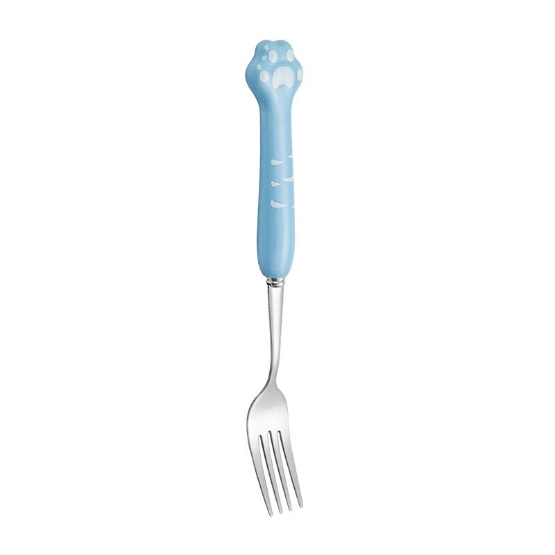 Cute cat claw ceramic 304 stainless steel tableware spoon fork chopsticks cute cartoon spoon gold spoon fork: blue silver fork