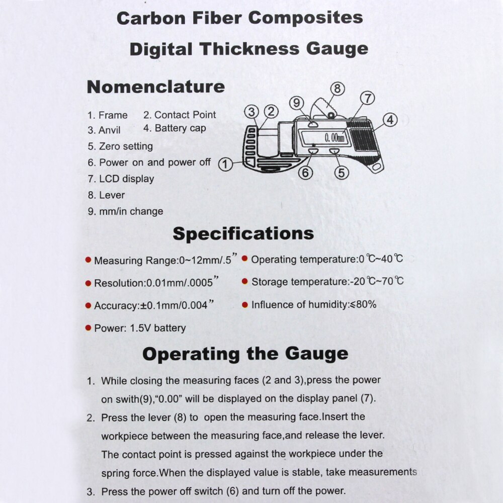 0-12.7mm Carbon Fiber Composites Digital Thickness Caliper Micrometer Guage 0 to 12.7mm