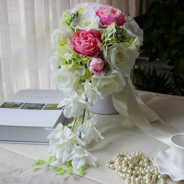 white Buque De Noiva Wedding BouquetsWater shaped bride holding flower waterfall hand flower wedding: 02