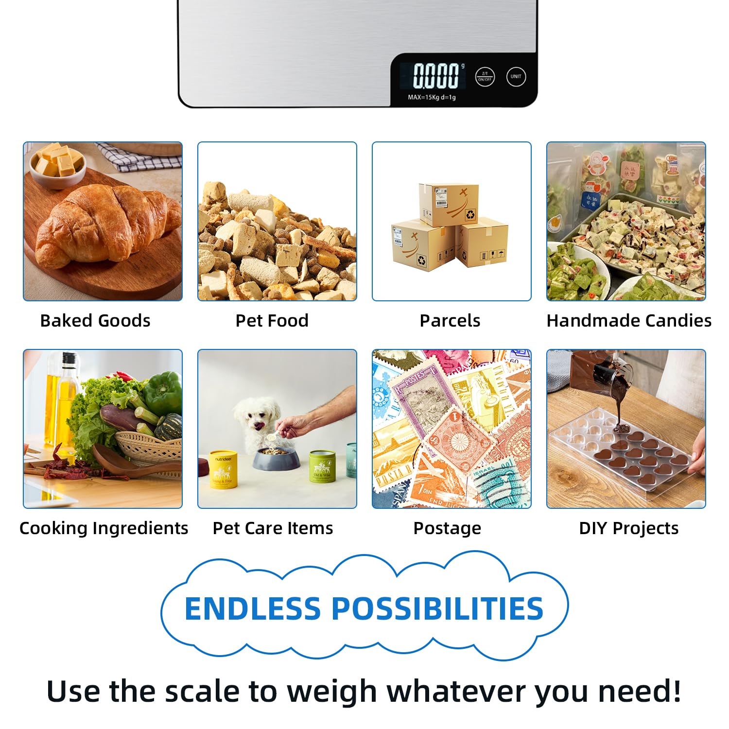 Madvægt 33lb/15kg digital køkkenvægt til mad, ounces og gram, madlavning, bagning, 1g/0.1oz præcise grader, usb-genopladelig