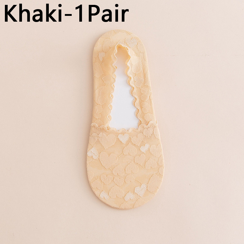 Calcetines tobilleros invisibles sin costuras para mujer y niña, medias tobilleras de encaje con forma de corazón, 1 par: Khaki