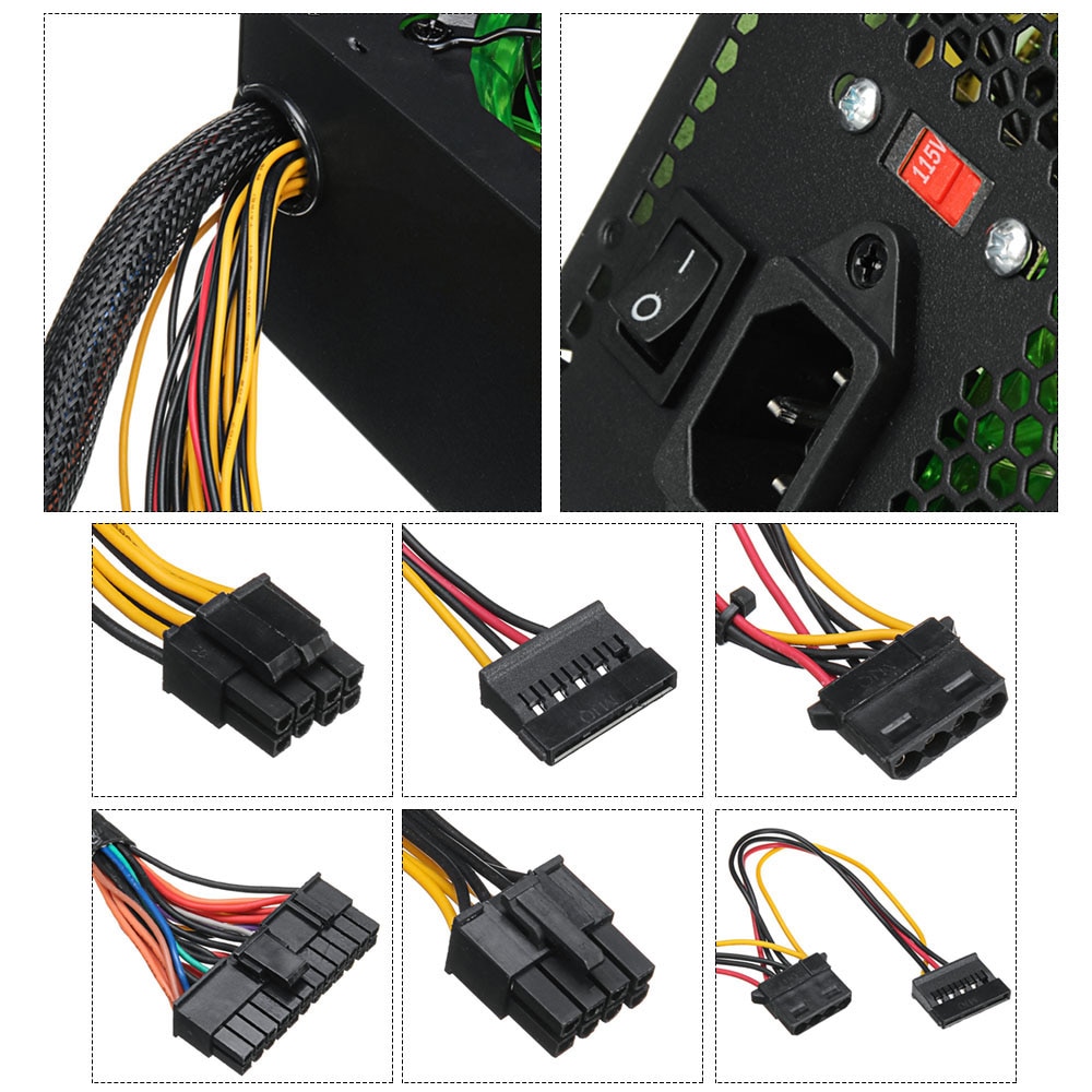 120MM 800W Power-Supply with LEDs Fan Computer 110~220V Manual Switching Voltage Power Supply Peak-power 800W
