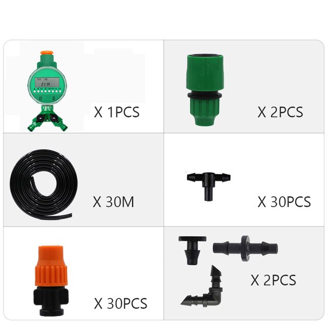 25m Automatic Micro Drip Irrigation System Garden Irrigation Spray Self Watering Kits with Adjustable Dripper: 30M and Timer