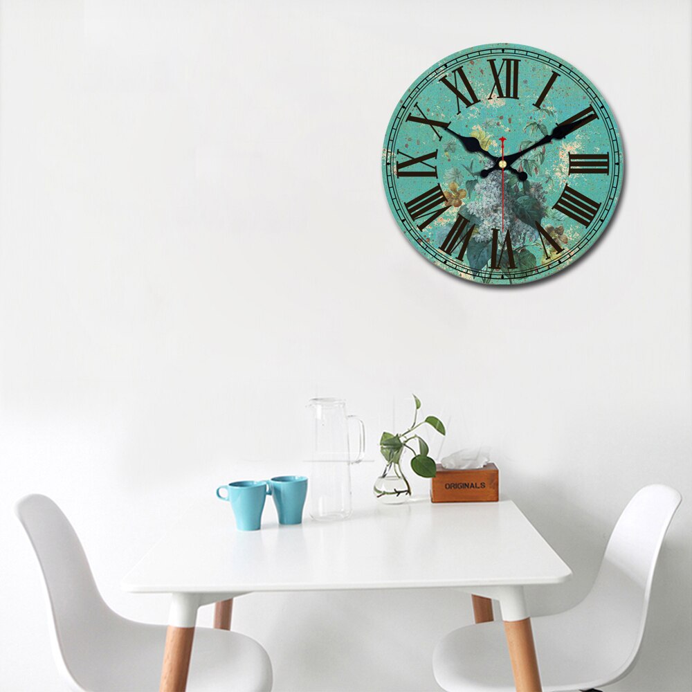 RIHE Green Fowers-Reloj de pared de cartón de madera, Vintage, reloj Retro europeo para decoración Chic de cafetería, oficina y hogar, 40CM