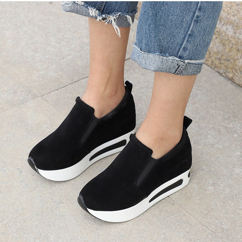 Lente Vrouwen Schoenen Platform Klimplanten Vrouwelijke Slip Op Mocassins Suède Elastische Band Naaien Casual Schoenen Dames Schoenen