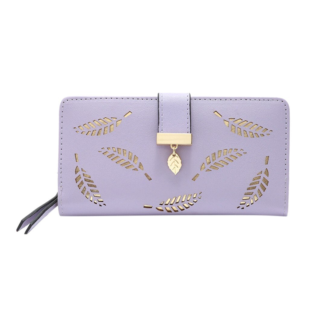 Vrouwen Portemonnee Pu Lederen Tas Vrouw Lange Wallet Gold Hollow Bladeren Pouch Handtas Voor Vrouwen Portemonnee Kaarthouders Clutch #14: Paars
