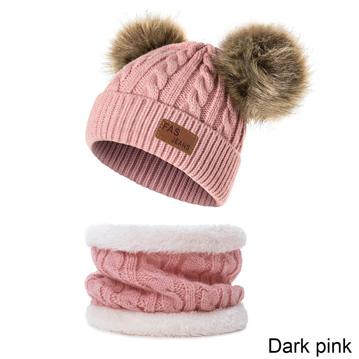 2 stk låve lue skjerf sett vinter varm baby lue strikket lue gutt jente luer skjerf vinter pluss fløyel tykk lue lue 0-3 år: Mørk rosa