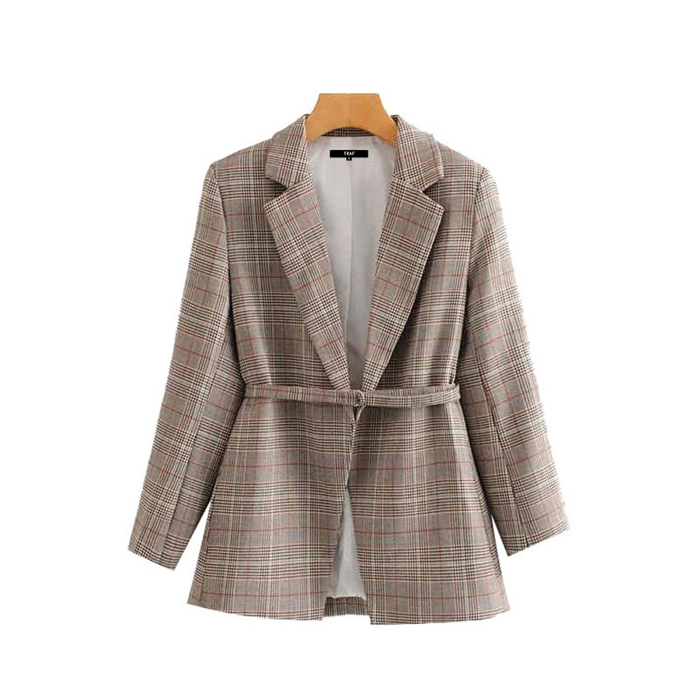 Traf kvinner vintage stilig kontorklær rutete blazerkåpe langermet med belte kvinnelig yttertøy elegante topper: L